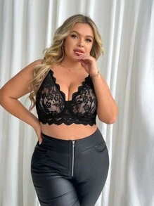 Plus Floral Lace Underwire Bra - Black - View 3