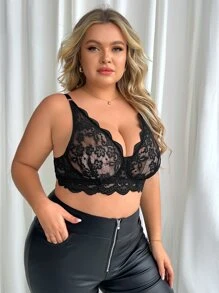 Plus Floral Lace Underwire Bra - Black - View 4