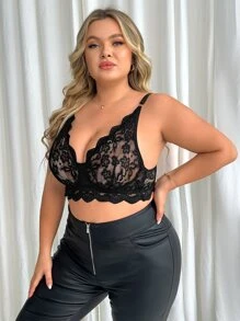 Plus Floral Lace Underwire Bra - Black - View 5