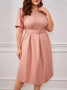 SHEIN Clasi Plus Fold Pleated Detail Belted Dress - Coral Pink - View 1
