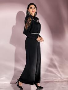 Modelyn Contrast Lace Ruffle Trim Wide Leg Jumpsuit Without Belt - Black - View 3