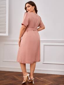 SHEIN Clasi Plus Fold Pleated Detail Belted Dress - Coral Pink - View 2