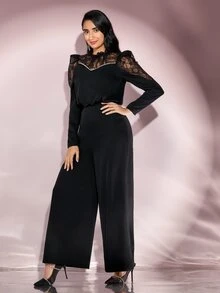 Modelyn Contrast Lace Ruffle Trim Wide Leg Jumpsuit Without Belt - Black - View 5
