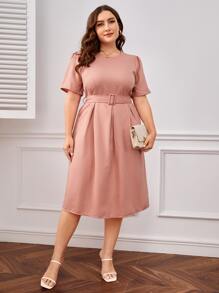 SHEIN Clasi Plus Fold Pleated Detail Belted Dress - Coral Pink - View 4