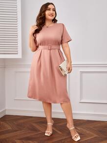 SHEIN Clasi Plus Fold Pleated Detail Belted Dress - Coral Pink - View 5