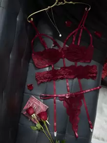 Set de lencería con encaje floral con aro con liga - Burdeos - Ver 1