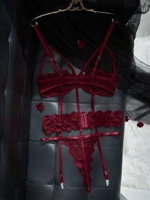 Set de lencería con encaje floral con aro con liga - Burdeos - Ver 2