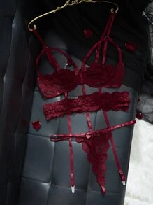 Set de lencería con encaje floral con aro con liga - Burdeos - Ver 3