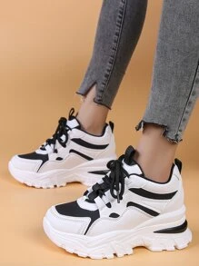 Women's Black And White Colorblock Lace-up Wedge Sneakers - Black and White - View 4