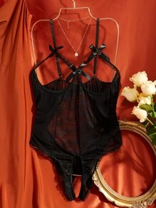 Plus Contrast Lace Cut Out Bow Front Crotchless Teddy Bodysuit - Black - View 1