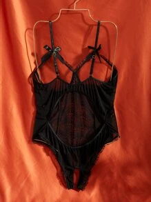 Plus Contrast Lace Cut Out Bow Front Crotchless Teddy Bodysuit - Black - View 2
