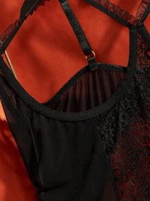 Plus Contrast Lace Cut Out Bow Front Crotchless Teddy Bodysuit - Black - View 3