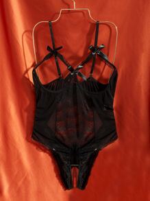 Plus Contrast Lace Cut Out Bow Front Crotchless Teddy Bodysuit - Black - View 4