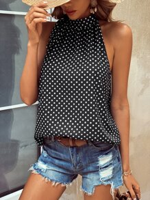 SHEIN Clasi Blusa con estampado de lunares de espalda con abertura de ojo - Blanco y Negro - Ver 4