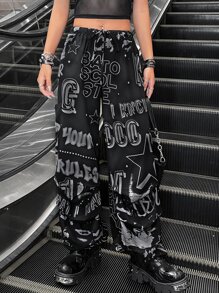 SHEIN ICON Gorpcore Star And Letter Graphic Drawstring Waist Parachute Trousers - Grey - View 1