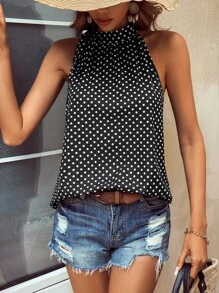 SHEIN Clasi Blusa con estampado de lunares de espalda con abertura de ojo - Blanco y Negro - Ver 6