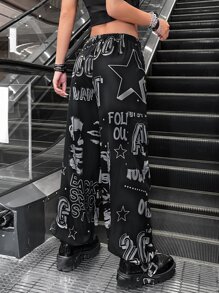 SHEIN ICON Gorpcore Star And Letter Graphic Drawstring Waist Parachute Trousers - Grey - View 2