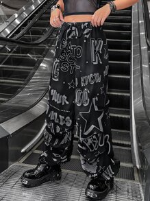 SHEIN ICON Gorpcore Star And Letter Graphic Drawstring Waist Parachute Trousers - Grey - View 4