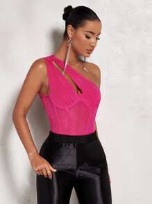 SHEIN BAE One Shoulder Cut Out One Shoulder Mesh Panel Bustier Bodysuit - Hot Pink - View 3