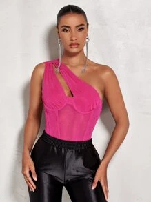 SHEIN BAE One Shoulder Cut Out One Shoulder Mesh Panel Bustier Bodysuit - Hot Pink - View 5