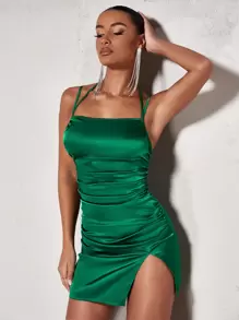 SHEIN BAE Lace Up Tie Backless Split Hem Satin Cami Dress - Green - View 6