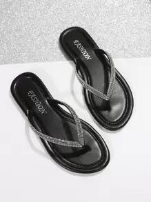 Rhinestone Decor Faux Suede Thong Sandals Valentines,Flip Flops,Spring Summer Outfits - Black - View 5