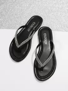Rhinestone Decor Faux Suede Thong Sandals Valentines,Flip Flops,Spring Summer Outfits - Black - View 6