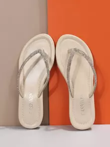 女士仿麂皮水鑽裝飾夾腳丁字褲魅力四射戶外平底涼鞋 - 米色 - 查看 4