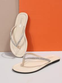 女士仿麂皮水鑽裝飾夾腳丁字褲魅力四射戶外平底涼鞋 - 米色 - 查看 5