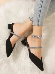 Mules planos con diseño de diamante de imitación de punta de serraje falso - Negro - Ver 2