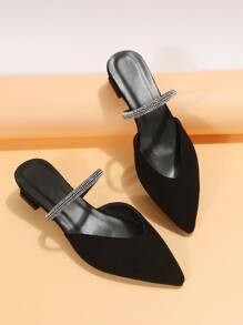 Mules planos con diseño de diamante de imitación de punta de serraje falso - Negro - Ver 3