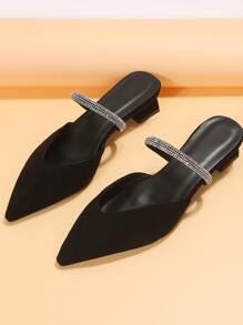 Mules planos con diseño de diamante de imitación de punta de serraje falso - Negro - Ver 4