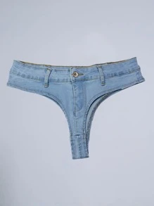 低腰超短牛仔短褲 - 淺色水洗藍 - 查看 1