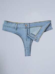 低腰超短牛仔短褲 - 淺色水洗藍 - 查看 5