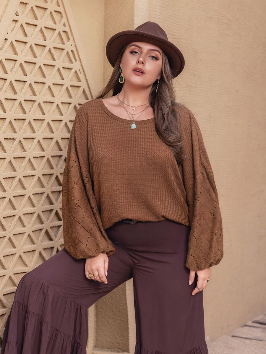 Rusttydustty Plus Solid Bishop Sleeve Top - Brown - View 1