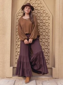 Rusttydustty Plus Solid Bishop Sleeve Top - Brown - View 3