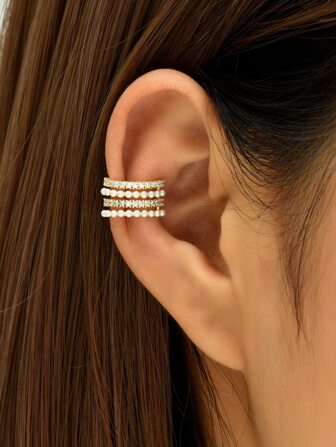 1入組方晶鋯石和人造珍珠裝飾耳夾銅首飾類