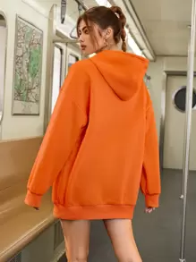 SHEIN EZwear 落肩袖抽繩連帽衫 - 橘色 - 查看 1