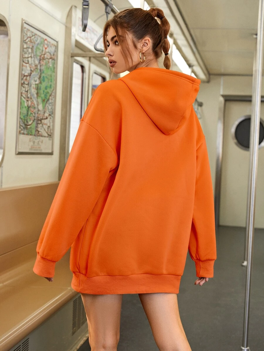 SHEIN EZwear 落肩袖抽繩連帽衫 - 橘色 - 查看 1