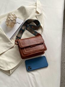 迷你刺绣细节方形包迷你复古斜挎包 PU 皮革单肩包女士经典手提包手机钱包，复古风包