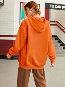 SHEIN EZwear 落肩袖抽繩連帽衫 - 橘色 - 查看 4