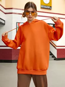 SHEIN EZwear 落肩袖抽繩連帽衫 - 橘色 - 查看 7