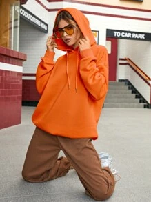 SHEIN EZwear 落肩袖抽繩連帽衫 - 橘色 - 查看 8