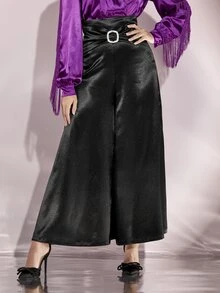 Modelyn Pantalones con diamante de imitación hebilla delantero de pierna ancha de satén - Negro - Ver 3