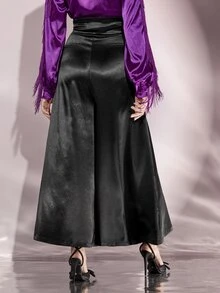 Modelyn Pantalones con diamante de imitación hebilla delantero de pierna ancha de satén - Negro - Ver 2