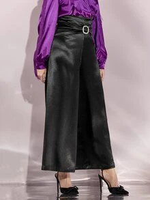 Modelyn Pantalones con diamante de imitación hebilla delantero de pierna ancha de satén - Negro - Ver 4