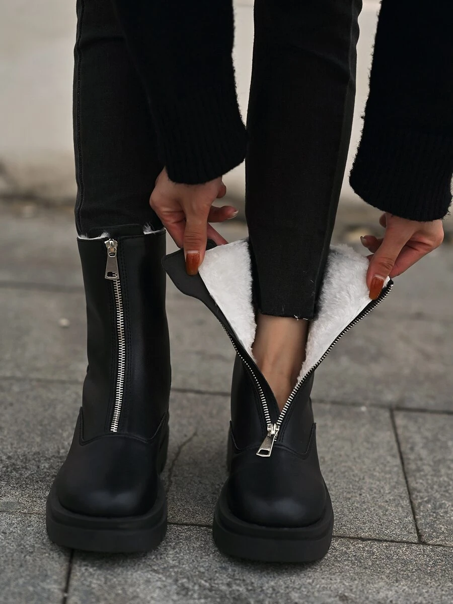 Zipper Front Teddy Lined Combat Boots - Black - View 1