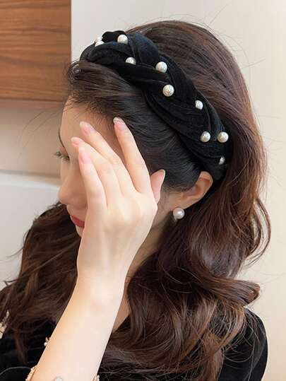 Faux Pearl Decor Braided Wide Headband Elegant,Hairband,Hair Hoop Headbands, Black