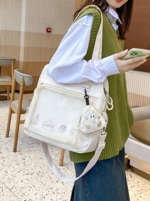 蛋糕圖案單肩手提包帶零錢包書包適合畢業生、青少年女孩、新生、大二、初中和高中學生、大學和高中，非常適合戶外、旅行和返校 - 米色 - 查看 1