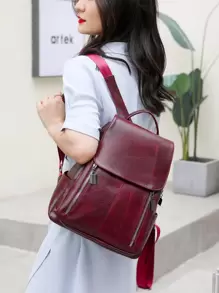 Minimalist Zipper Flap Backpack for Women, Rookies & White-collar Workers - Burgundy - View 1